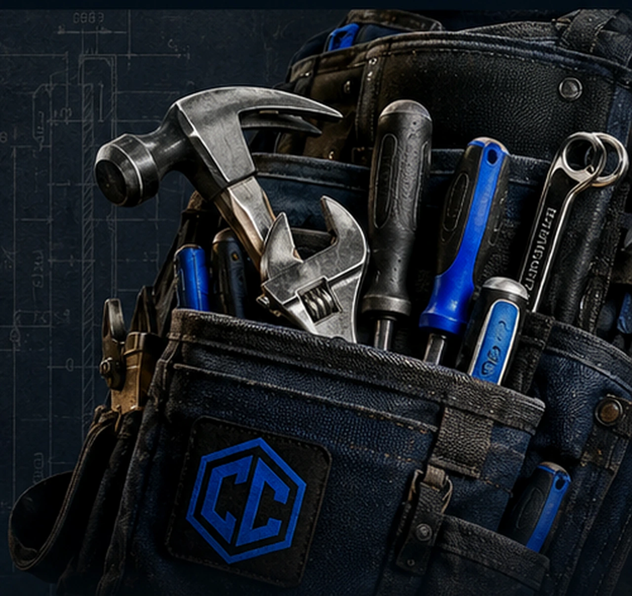 Professional tool belt filled with hand tools